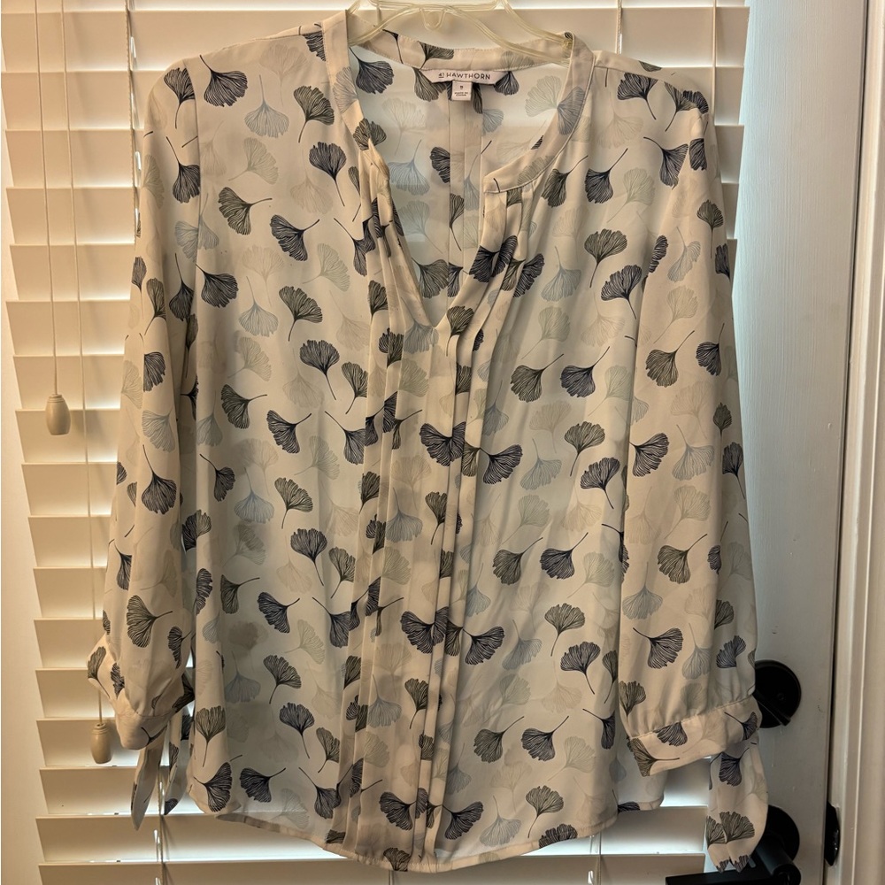 Banana Republic Cream Blouse with Navy and Light Gray Leaf Motif